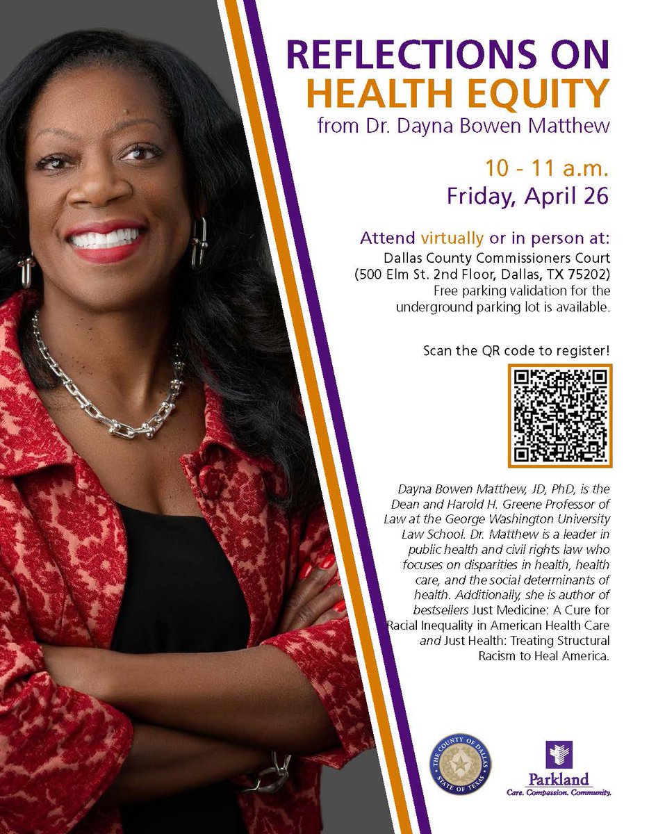 This #NationalMinorityHealthMonth we are co-hosting a #HealthEquity event with @Parkland. We’ll be hearing from Dr. Dayna Bowen Matthew, author of the books Just Medicine, Just Health. If you are interested, click here to RSVP: lnkd.in/gXA-GiRk
