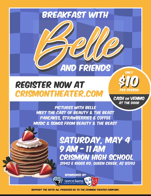🌹Mark the date!!! Rise and shine and have Breakfast with Belle at our magical event! ✨ Don't miss out on this unforgettable experience! Sponsored by the Crismon Theater Booster Club. 🥞🌟 #BreakfastWithBelle #FairytaleMorning #qcleads #qcusd #crismonhs #unitedwelearn