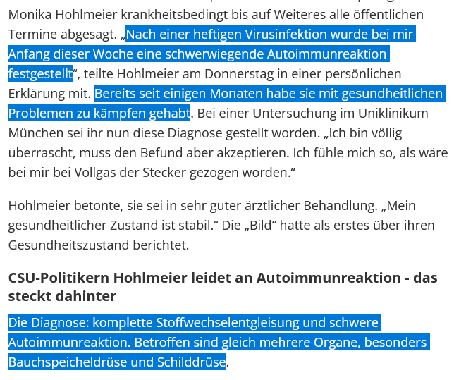 dazugeberin's tweet photo. Ich bin ja kein Experte aber die heftige Erkrankung von Monika #Hohlmeier von der #CSU klingt für mich nach #LongCovid, zumal Corona-Infektionen sogar explizit erwähnt werden.
Gute Besserung, Frau Hohlmeier.
https://t.co/TdvWtIYXre
#Hashimoto #Multiorganerkrankungen https://t.co/nj1rVHA11V