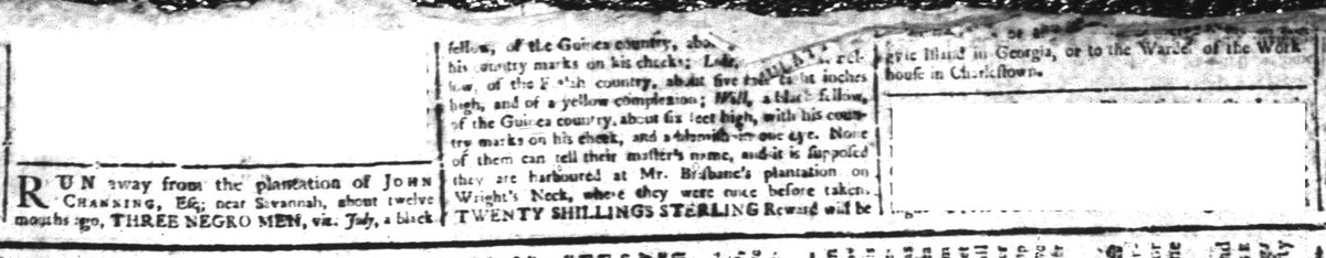 Newspapers published during the era of the American Revolution contributed to the perpetuation of slavery. Advertised 250 years ago today: “run away from the plantation three Negro Men of the Guinea country.” (South Carolina and American General Gazette 4/22/1774)