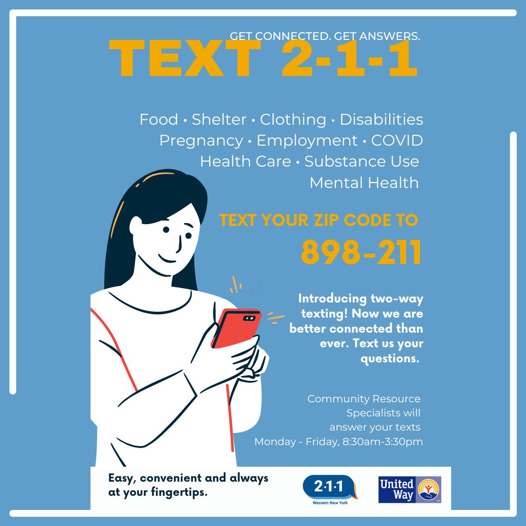 Are you or someone you know in need of assistance? Look no further than 211 Western New York! Our team of experts is available 24/7 to connect you with vital resources and support. Text or call us today to get started! #211WesternNY #Support #Resources #HelpingHands #211WNY