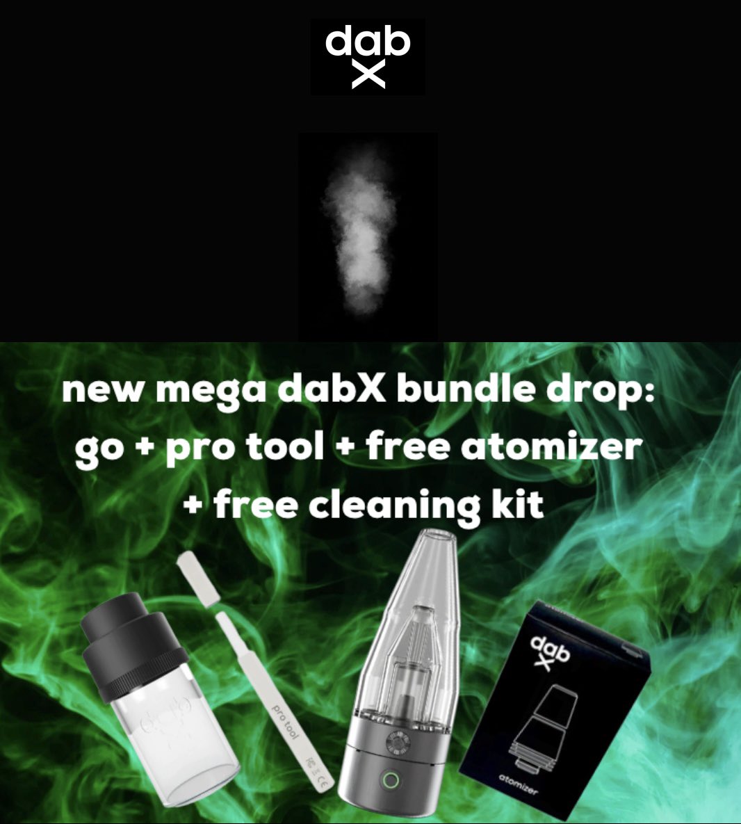DabXUSA's tweet photo. The new MEGA 4/20 bundle just dropped. GO + pro tool get a free atomizer & cleaning kit. And better yet…get 35% off this hot new bundle, too! #dabX #GOanywhere #cleandabs #ultimatedabkit #420sale #happy420 https://t.co/ZruQcgwbV8