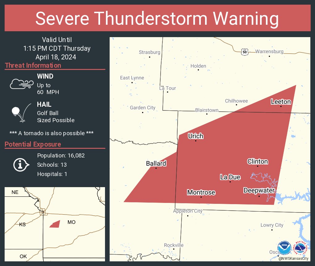 Severe Thunderstorm Warning continues for Clinton MO, Leeton MO and Urich MO until 1:15 PM CDT. This storm will contain golf ball sized hail!