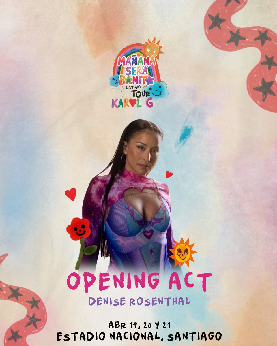 💜 ¡ #DeniseRosenthall es la telonera para el MSB Latam Tour en Chile!

Estará en el Estadio Nacional los días 19, 20 y 21 de abril para presentarte en la previa del show de <a href="/karolg/">LABICHOTA</a> .Vamos a disfrutar de un show lleno de magia, baile y los mejores éxitos de  <a href="/NissRosenthal/">Denise Rosenthal</a>  !