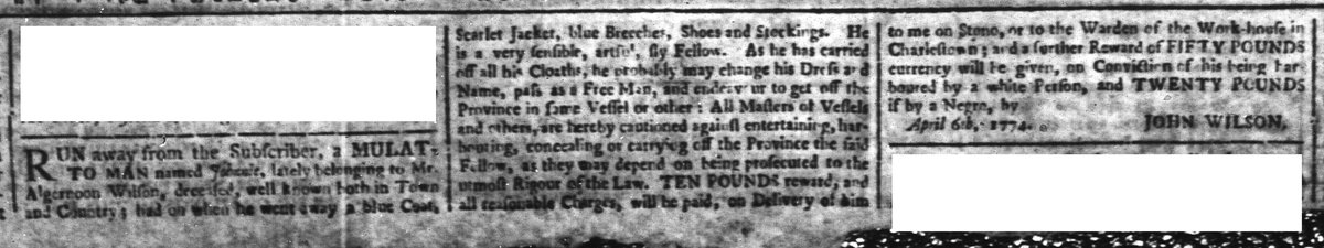 Newspapers published during the era of the American Revolution contributed to the perpetuation of slavery. Advertised 250 years ago today: 'A mulatto man named Johnnie. He may change his dress and name pass as a Free Man” (South Carolina and American General Gazette 4/22/1774)