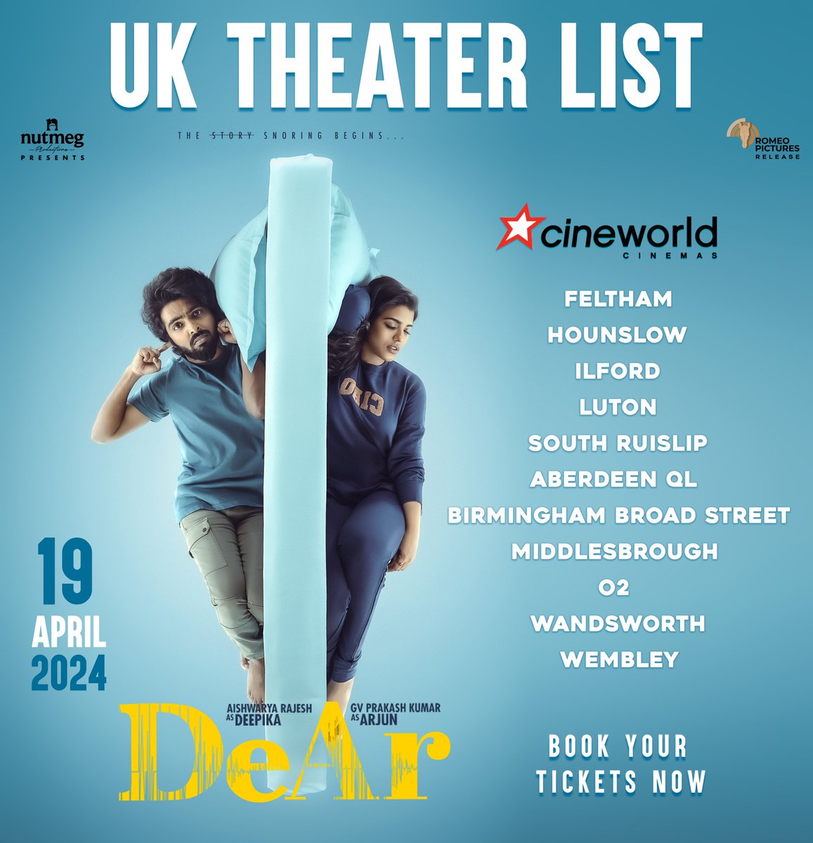 Join the snore-fest of laughter in our fun-filled 😴 #DeAr with your families for this weekend on UK Cinemas!

@tvaroon #AbhishekRamisetty #PruthvirajGK
@mynameisraahul #RomeoPictures
@saregamasouth @gvprakash
@aishu_dil @Anand_Rchandran @jagadeesh_s_v
@editor_rukesh