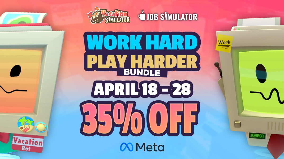 Dive into the ultimate work-play experience with the #Metaquest WORK HARD PLAY HARDER BUNDLE 🖥️and Get 35% off on #JobSimulator and #VacationSimulator until April 28th✨ Don't miss out on this limited-time offer⚠️ Grab your bundle now🎉meta.com/experiences/27…