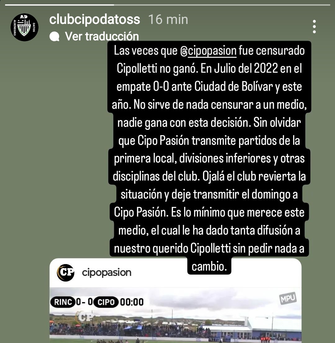 Muchas gracias <a href="/ClubCipoDatos/">Albinegro Datos</a> por el dato y por el apoyo!

Esperamos que la decisión del Club Cipolletti de censurar a un medio partidario sea retirada cuanto antes.