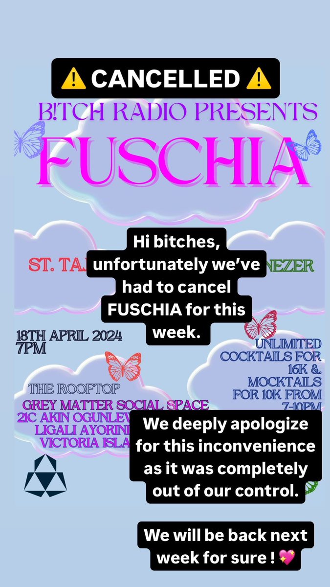 We’ve unfortunately had to cancel FUSCHIA for this week due to some unfortunate circumstances. We will be rescheduling to next week & we hope you still come for the special event we have curated for you 🌸💖