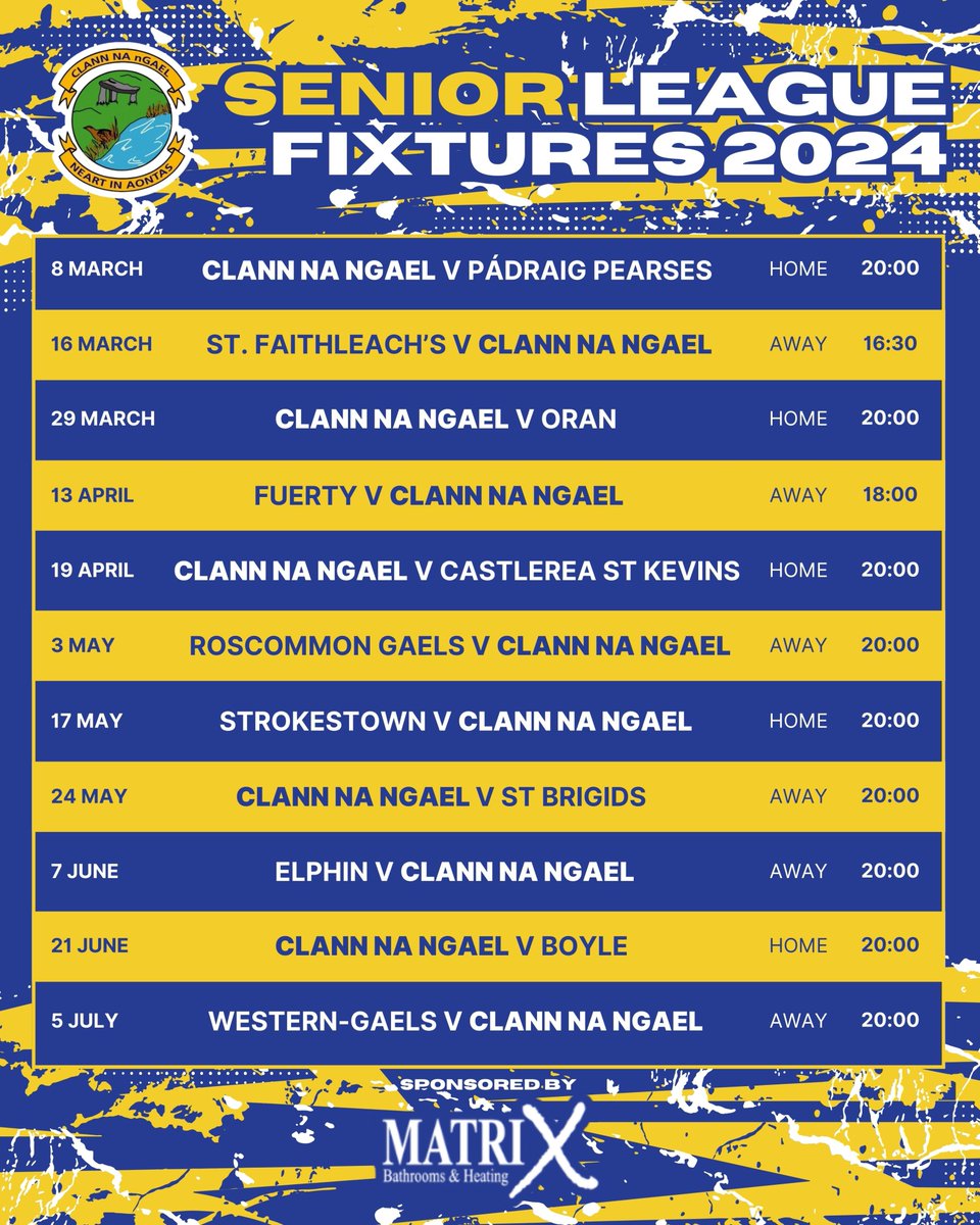 Best of luck to our Matrix Bathrooms sponsored Senior Men who welcome Castlrea St. Kevins to Johnstown tomorrow evening at 8pm in the #RosGAA O'Rourke Cup