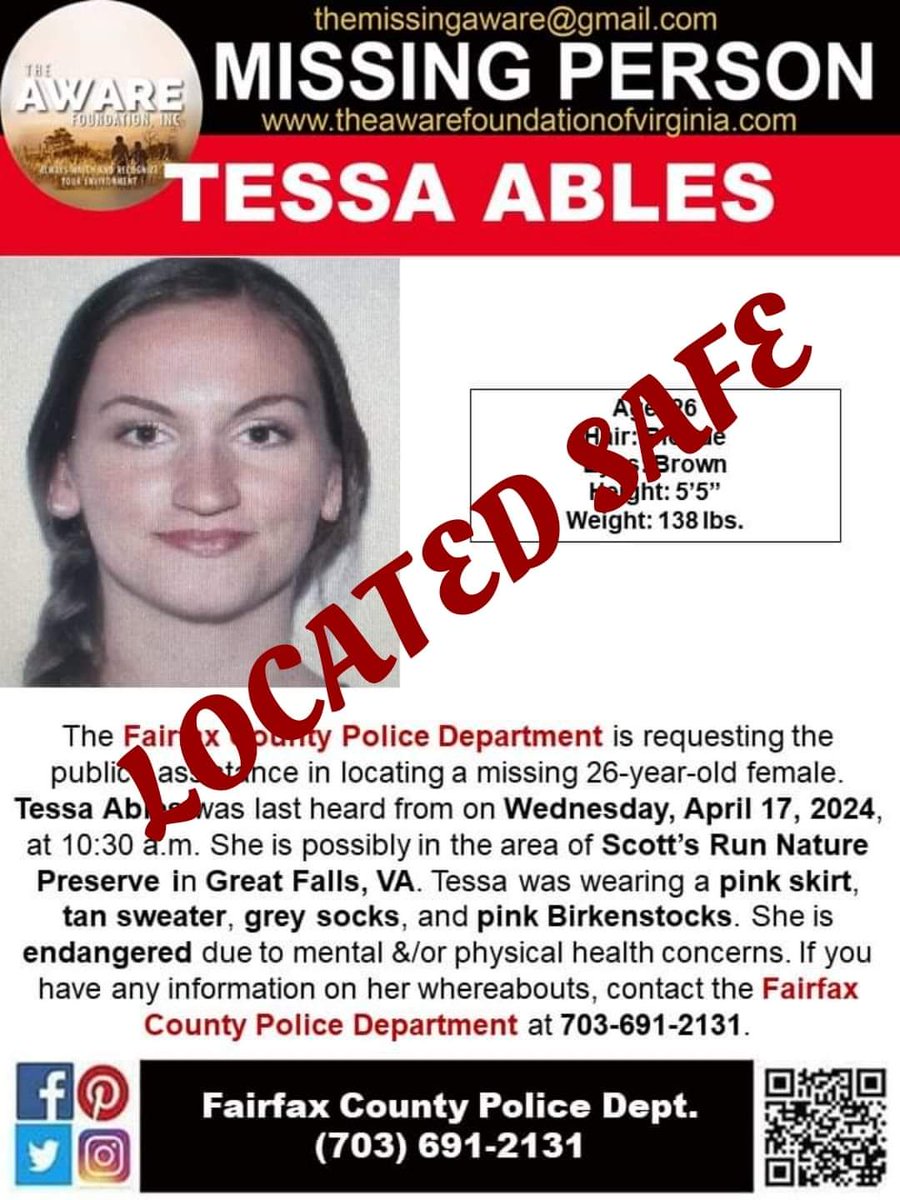 UPDATE: TESSA has been located and is SAFE.  Thanks again for your help.  #TheAWAREFoundation