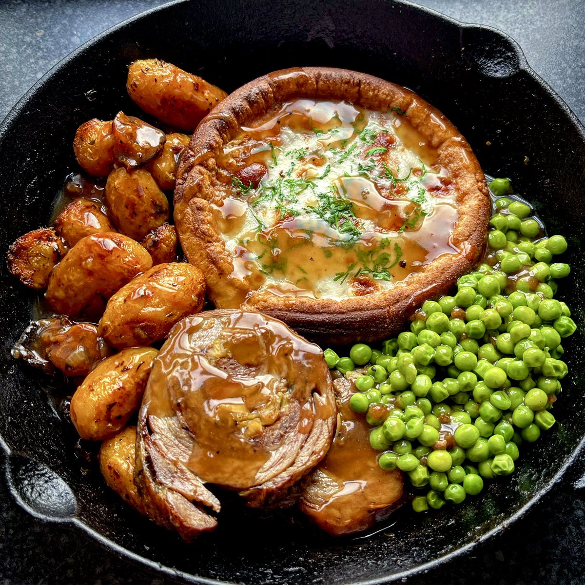the best primary school dinner you've ever had · im now sold you can make tinned potatoes & carrots taste amazing, rolled lamb shoulder stuffed with venison & aromatics, a tiny cheesy yorkshire, lamb jus & PEAS