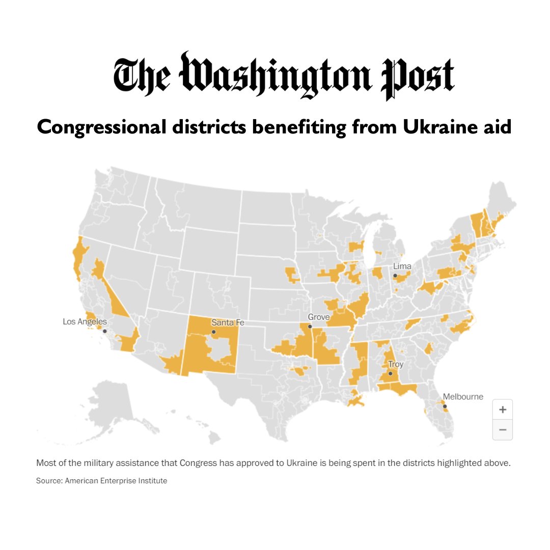 • HIMARS from Florida • C-4 from Tennessee • Abrams tanks from Ohio Ukraine aid is invigorating 122 defense production lines across 65 congressional districts, even in those whose representatives voted against it.