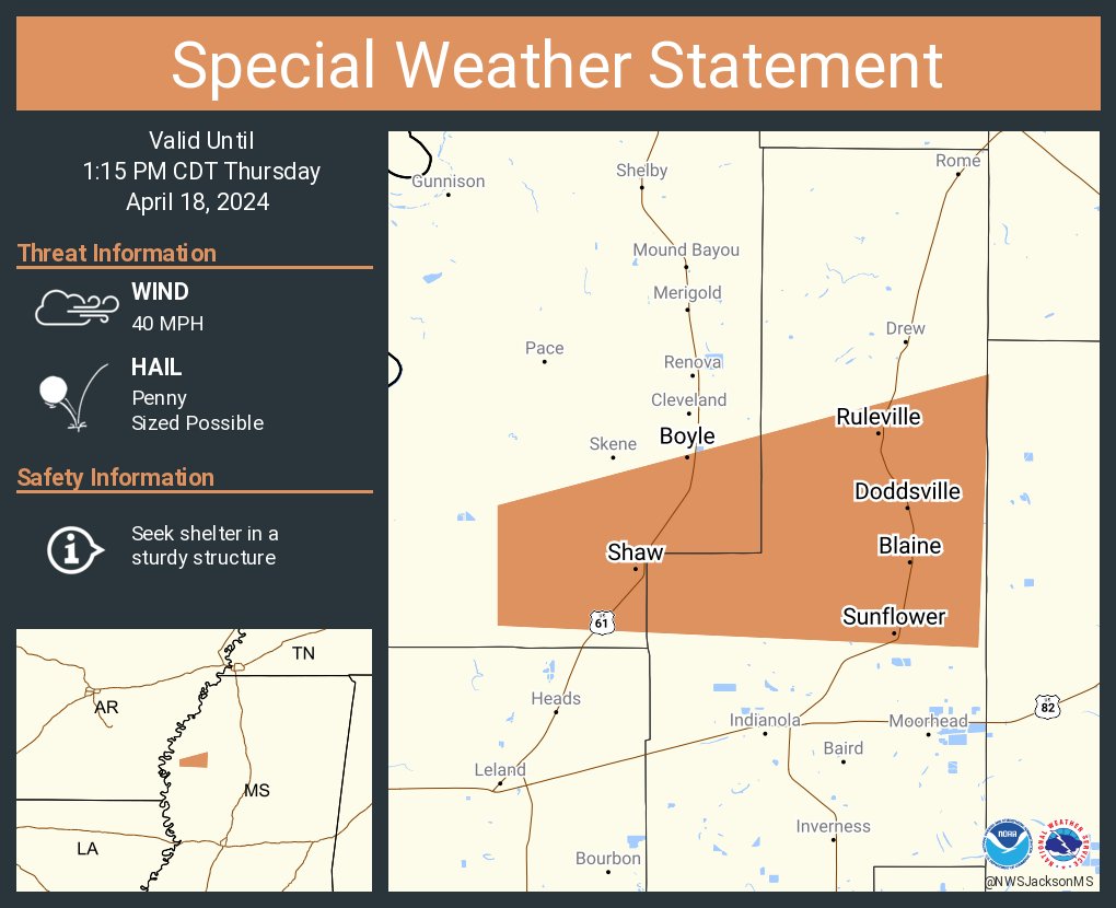 A special weather statement has been issued for Ruleville MS, Shaw MS and  Sunflower MS until 1:15 PM CDT