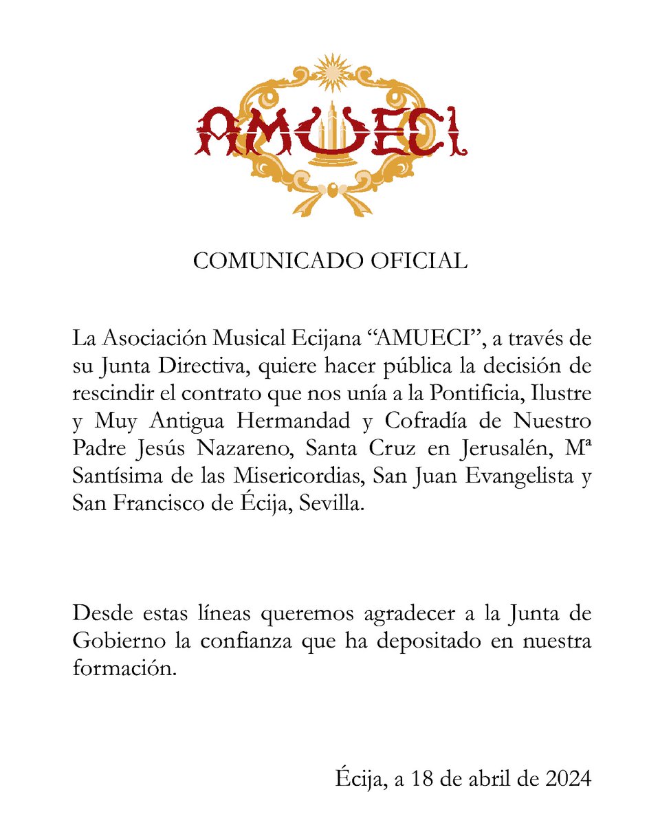 COMUNICADO OFICIAL | Hacemos pública la decisión de rescindir el contrato con la <a href="/SanJuanEcija/">Hermandad de Jesús Nazareno. Écija</a> 

#SuenaAmueci🎶
