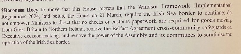 “ I have tabled this regret motion against the Windsor Framework (Implementation) Regulations 2024 which do the opposite to that claimed by supporters of the Donaldson Deal”