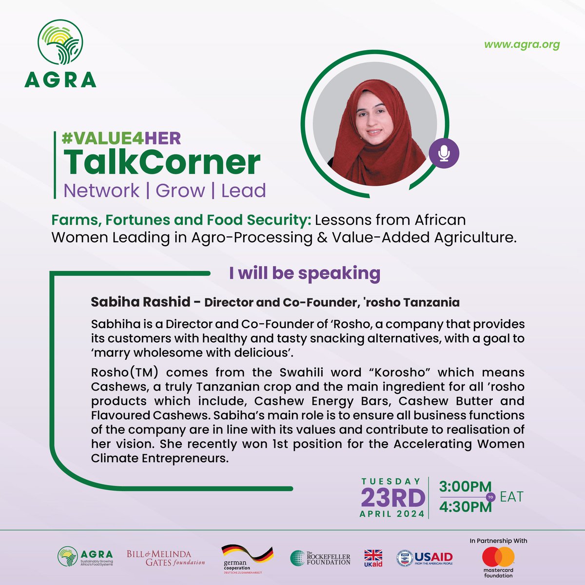 SPEAKER ALERT! Register to join VALUE4HER’s virtual #TalkCorner and hear how Sabiha Rashid, Director and Co-Founder of ‘rosho, overcame challenges during the COVID-19 pandemic to set up one of Tanzania’s biggest cashew-based healthy snacking brand. We will be live on Tuesday,