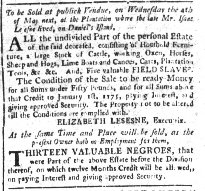 Newspapers published during the era of the American Revolution contributed to the perpetuation of slavery. Advertised 250 years ago today: “To be sold thirteen valuable negroes that were part of the above estate.” (South Carolina and American General Gazette 4/22/1774)