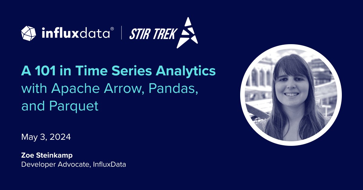 Don't have your ticket to @StirTrek yet? Highly illogical. @ZoeStein3 is giving an intro into time series analytics with #ApacheArrow, Pandas, and #ApacheParquet! We can't beam you there, but we can share the registration link: bit.ly/3III2hm #StirStrek2024 #InfluxDB