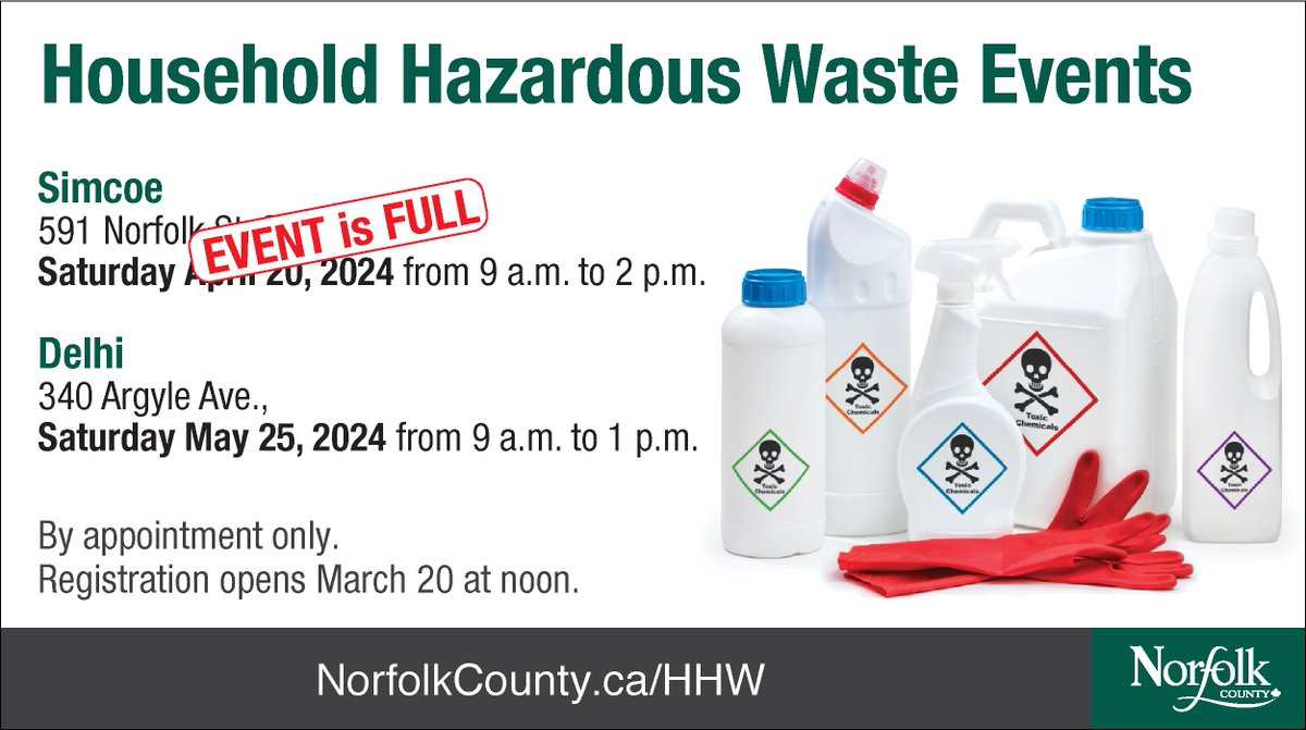 Norfolk County is hosting a Household Hazardous Waste Depot in Delhi on May 25, by appointment only. ♻️ Appointments are filling up quickly! Properly dispose of your household paint, motor oil, and fluorescent light tubes. For more information, visit norfolkcounty.ca/HHW2024