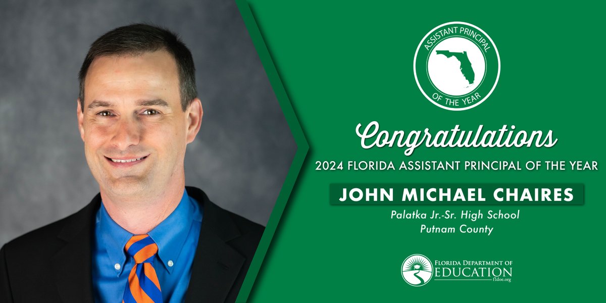 The 2024 Florida Assistant Principal of the Year is John Michael Chaires of Palatka Jr.-Sr. High School! Mr. Chaires has dedicated his career in education to supporting the growth of all students. Congratulations, Assistant Principal Chaires! @PutnamSchoolsFL