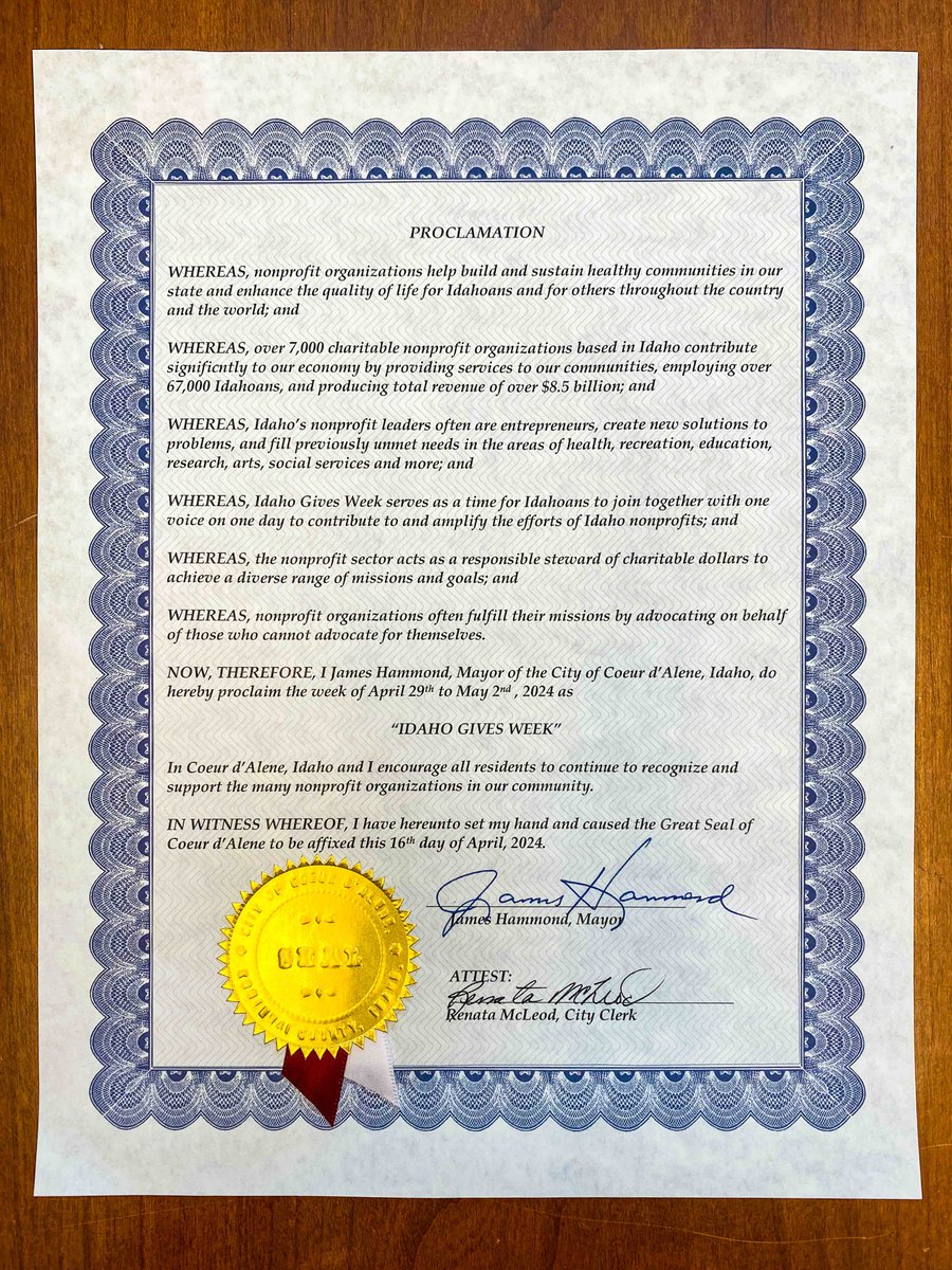 It’s official: Coeur d’Alene proclaimed April 29–May 2 as Idaho Gives Week 🎖️ @cdagov