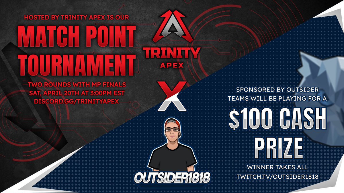 One more day left to register for our $100 tournament, sponsored by @outsider1818 ! Head to our discord to sign up. Restrictions may apply

-Muro