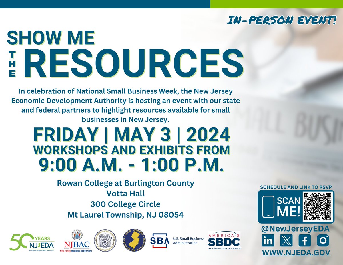 Meet staff from the NJEDA and other partner organizations on May 3rd at Show Me the Resources, an in-person event at Rowan College at Burlington County! The event will feature workshops highlighting resources for NJ small business owners. Register here: forms.office.com/pages/response…