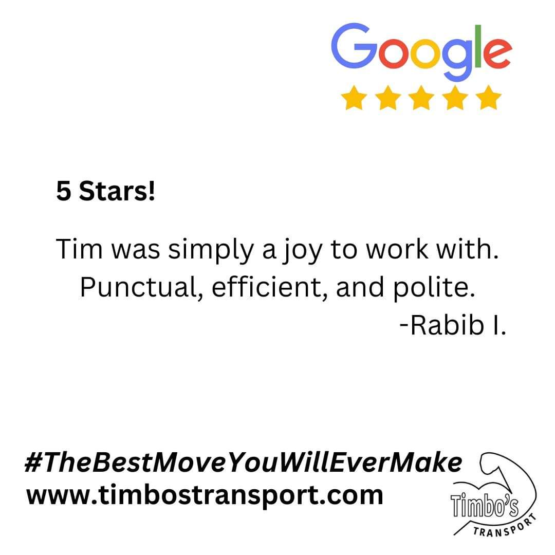Another 5-star review from a valued customer! 

#movingreviews #movingcompany #reviews #trackrecord #waterlooregion #ontario #quebec #thebestmoveyouwillevermake #TimbosTransport