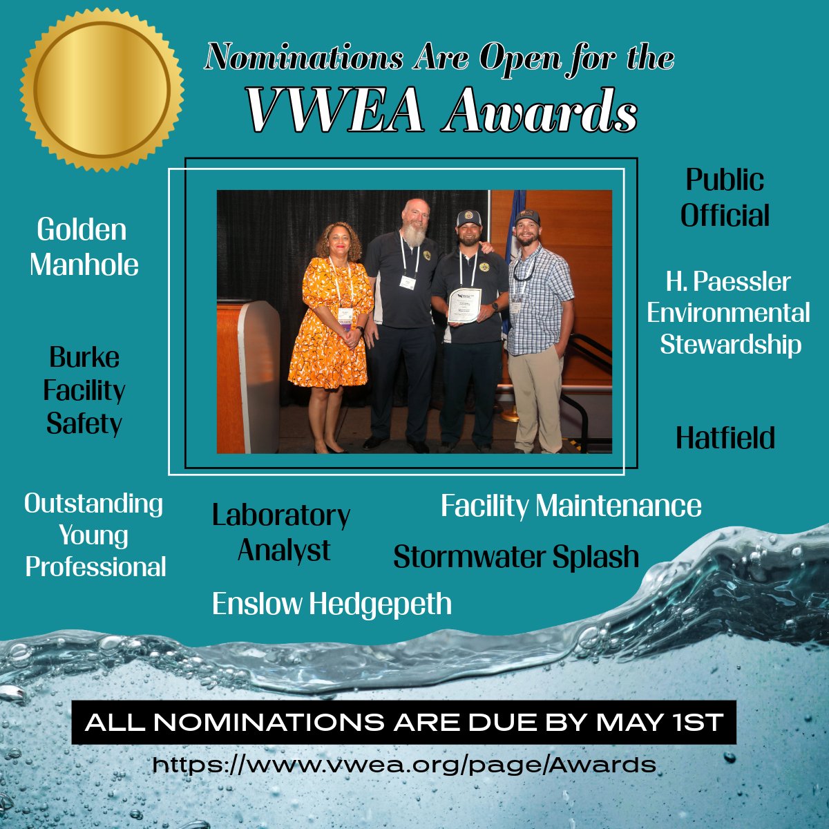 Each year at WaterJAM, VWEA recognizes individuals and organizations who have made outstanding contributions to the water environment profession and/or VWEA. 

Submit your nominations here: vwea.org/page/Awards/

#VirginiaWater #WaterIndustry #WasteWater #Stormwater #Utilities