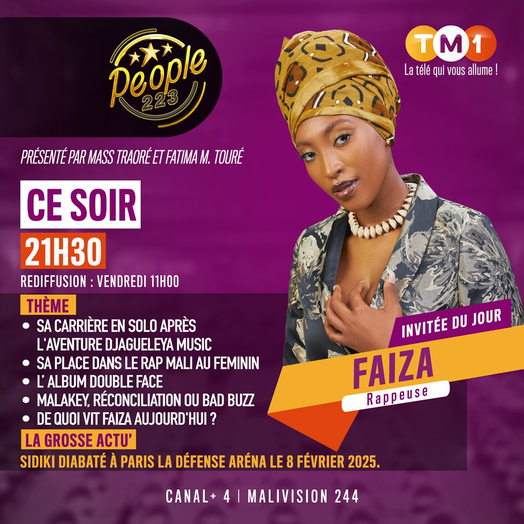 Euh bimm !
#Faïza sur le plateau de <a href="/People2231/">People223.com</a>, c'est du lourd ce soir !!! C'est sûr que #Fatima_TOURE a préparé les meilleurs kissai😂😂😂. <a href="/MTraore2117/">MASS TRAORE</a> même avec ses belles techniques d'interrogation. 
Rendez-vous à ne manquer sous aucun prétexte !!!
#TM1 #Divertissement #Mali