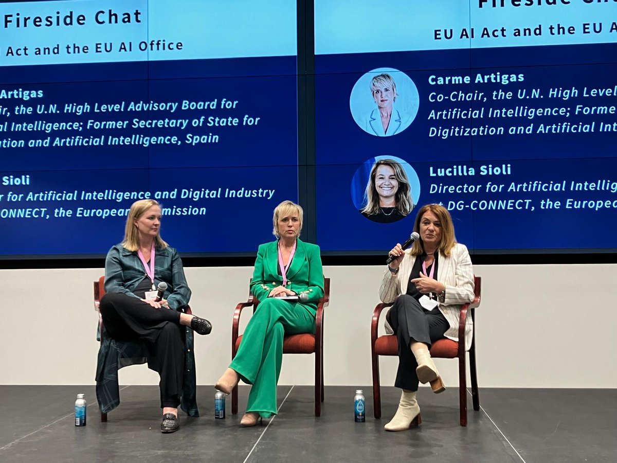When some 50% of people have little trust in AI, mitigating risks through light touch regulation will promote innovation not stifle it. The question is not whether to regulate but how. Fireside chat @LucillaSioli, @carmeartigas moderated by @MarietjeSchaake at AI+Policy symposium