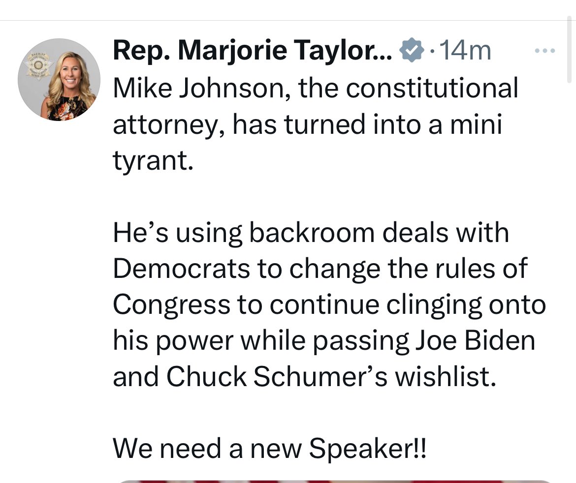 MTG and her cabal of fellow traitors are losing on all fronts, and they can’t face the inevitable. The aid bills will pass, and the Speaker is not going anywhere. #DemVoice1 #MAGAisFinished