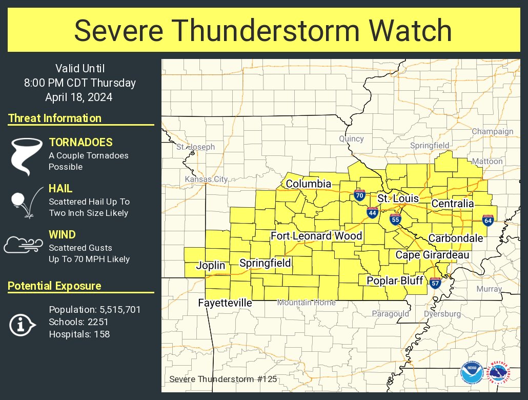 A severe thunderstorm watch has been issued for parts of Illinois, Kansas and Missouri until 8 PM CDT