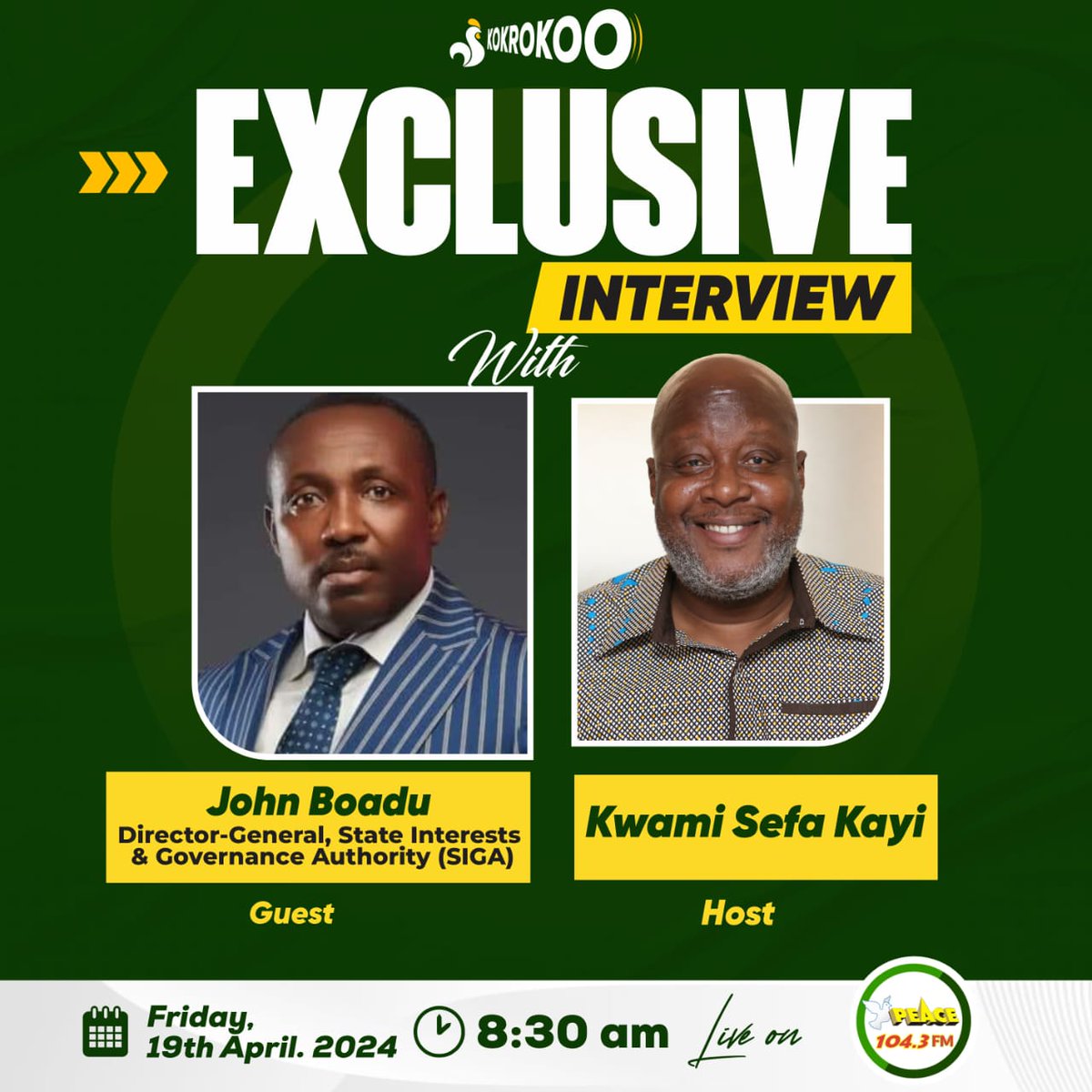 Join our Director-General, Mr. John Boadu, tomorrow morning at 8:30am on Peace fm as he discusses the upcoming Policy Forum and our Specified Entities.