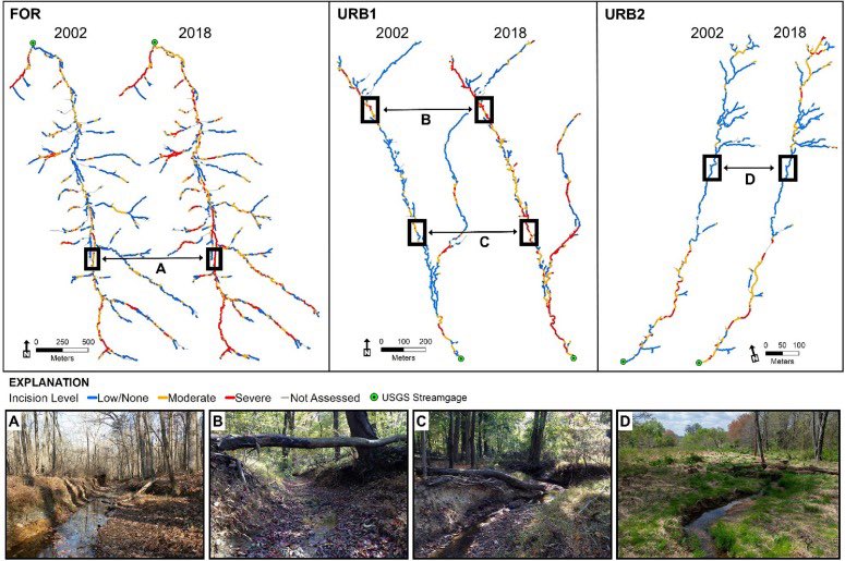 🚨 New publication 🚨 We present a method to remotely map headwater stream channel incision using repeat lidar. Provides detailed spatial info about channel stability across all streams in the watershed. Focuses on the Maryland Piedmont. Check it out, doi.org/10.1016/j.geom….