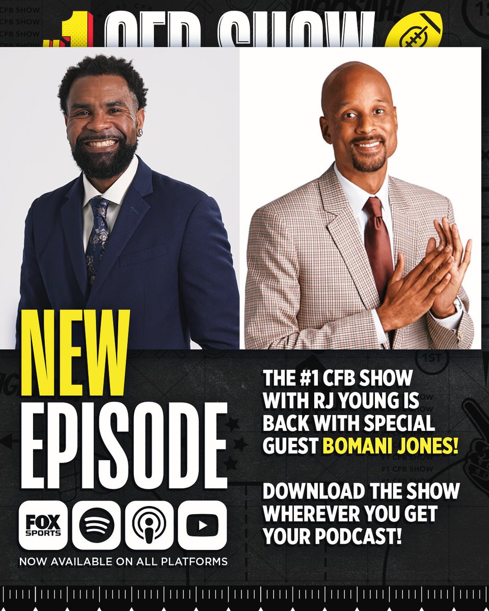 Special guest @bomani_jones joins the #1 CFB Show with @RJ_Young this coming Monday 🔥 This is an episode you will not want to miss! Download and subscribe wherever you get your podcast! 📺: youtube.com/@numberonecfbs… 🔗: link.chtbl.com/ICFCN1EP