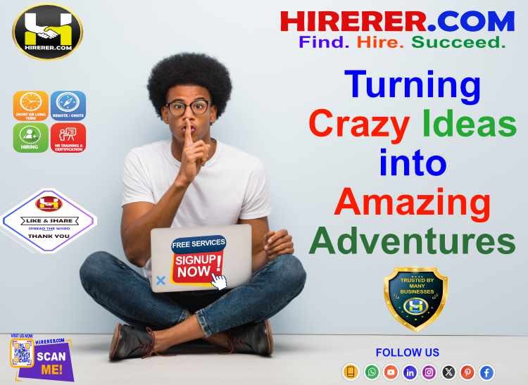 Turning crazy ideas into amazing adventures

visit services.hirerer.com to know more

#WackyMotivation #GetCreative #ThinkDifferent #OutOfTheBox #SocialMediaFun #Recruiters #HRServices #HiringSolutions #HRPartner #rentahr #outofjob #Hirerer #SmartlyHiring #iHRAssist #SmartlyHR