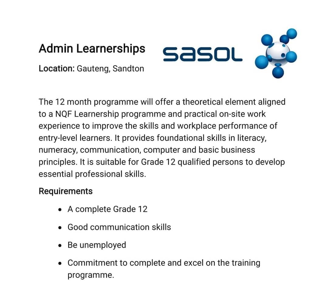📌Sasol Admin Learnership 

Stipend: R10 000 per month

Requirements: Grade 12

Location: Sandton, Gauteng 

Link To Apply: tinyurl.com/2p9mvjvv

Closing date: 02 May 2024