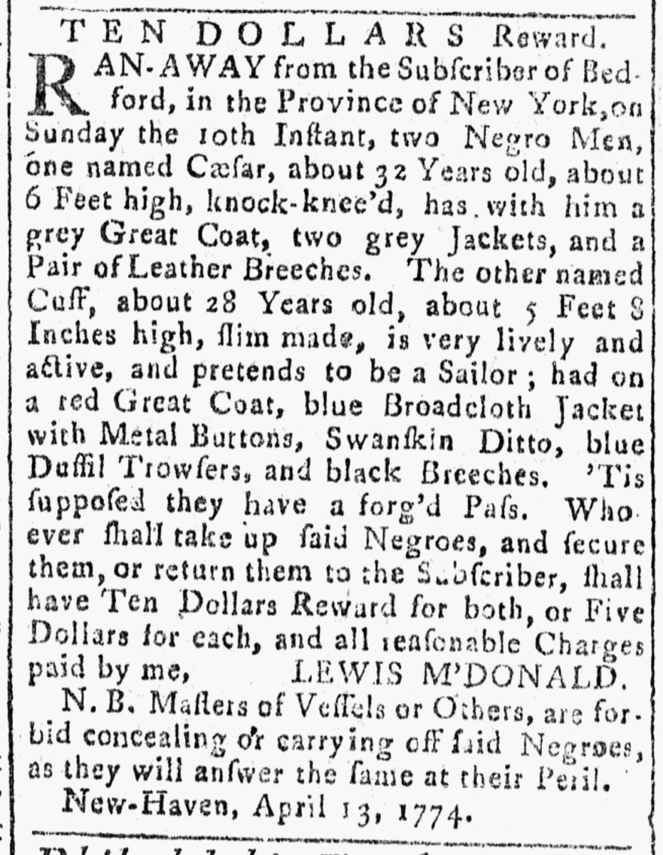 Newspapers published during the era of the American Revolution contributed to the perpetuation of slavery. Advertised 250 years ago today: “Ten Dollars Reward. Ran-away two Negro men one named Caesar about 32 the other named Cuff about 28.” (Connecticut Journal 4/22/1774)