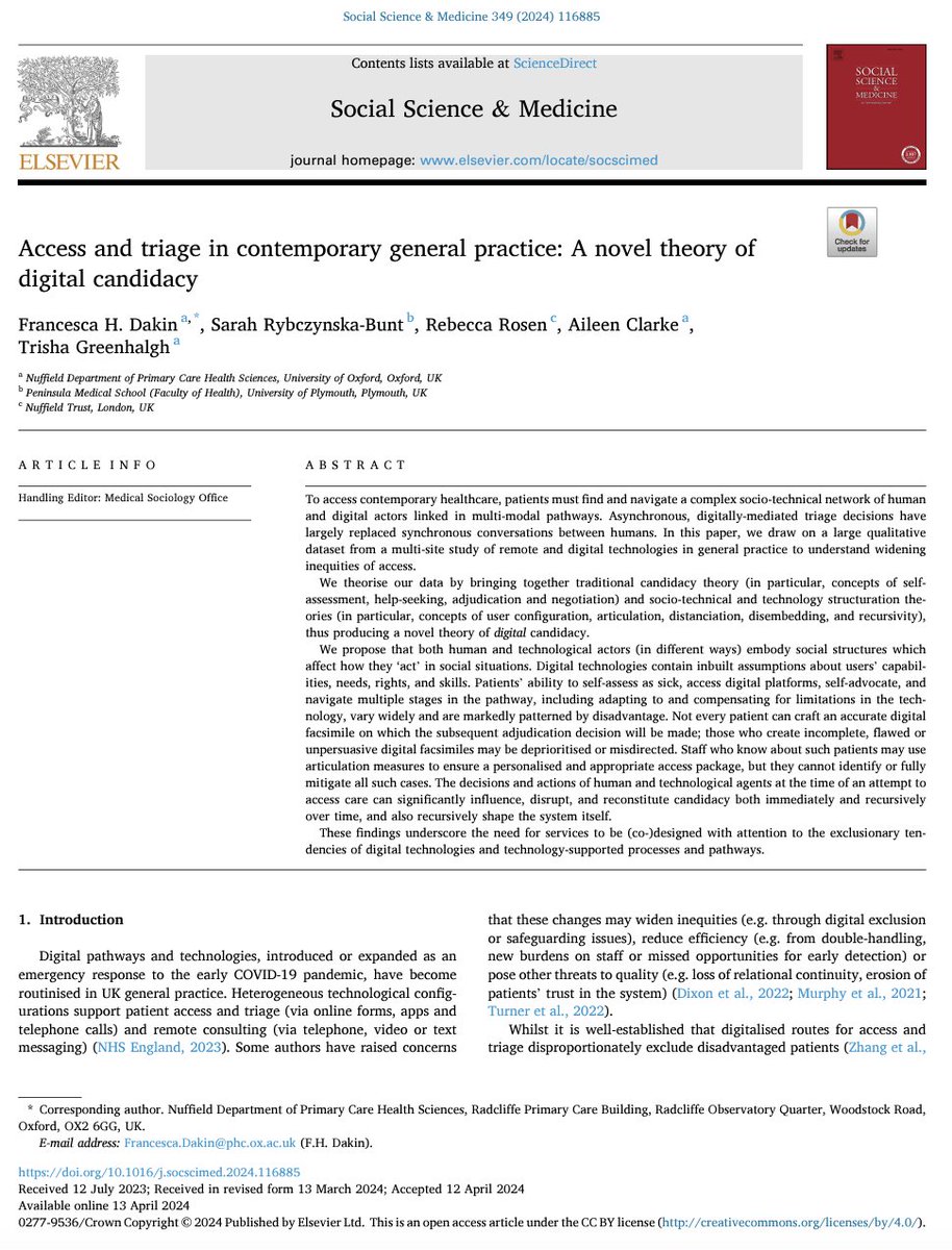 Print version online! TLDR: digital tech in access & triage: - Change how patient candidacy is identified, represented, and negotiated - Attempt to configure users in specific ways - Require digital facsimilisation, which can widen & embed inequalities sciencedirect.com/journal/social…