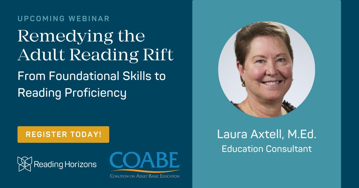 Team up with Laura and @COABEHQ to remedy the adult reading rift! 🤝📚 Learn evidence-based teaching models and valuable resources to empower learners of all levels and backgrounds. Register today: coabe-org.zoom.us/webinar/regist… #AdultEd #AdultEducation #AdultLiteracy #AdultLearners