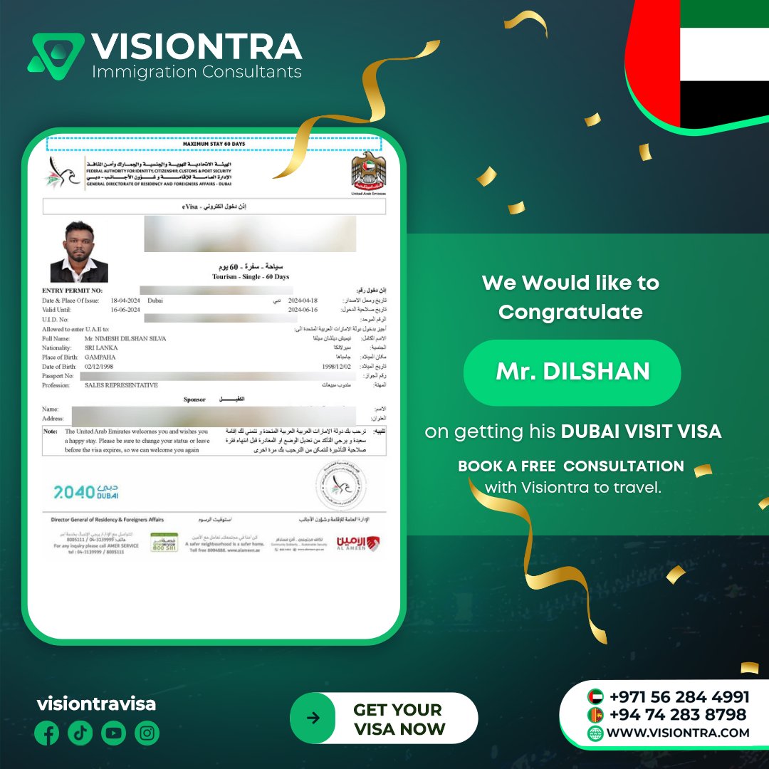 We Would like to Congratulate Mr.Dilshan on getting his DUBAI VISIT VISA 🇦🇪

#VisiontraImmigration #GlobalOpportunities #BusinessSetup #FamilyVisa #WorkPermit #StudentVisa #SecondPassport #VisitVisa #AirTicketing #ImmigrationExperts
