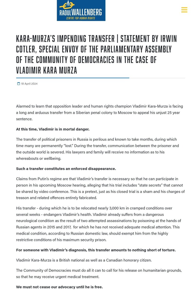 My full statement as Special Envoy on behalf of the Community of Democracies PA on the case of Vladimir Kara-Murza. His impending transfer constitutes torture and he must be freed immediately.