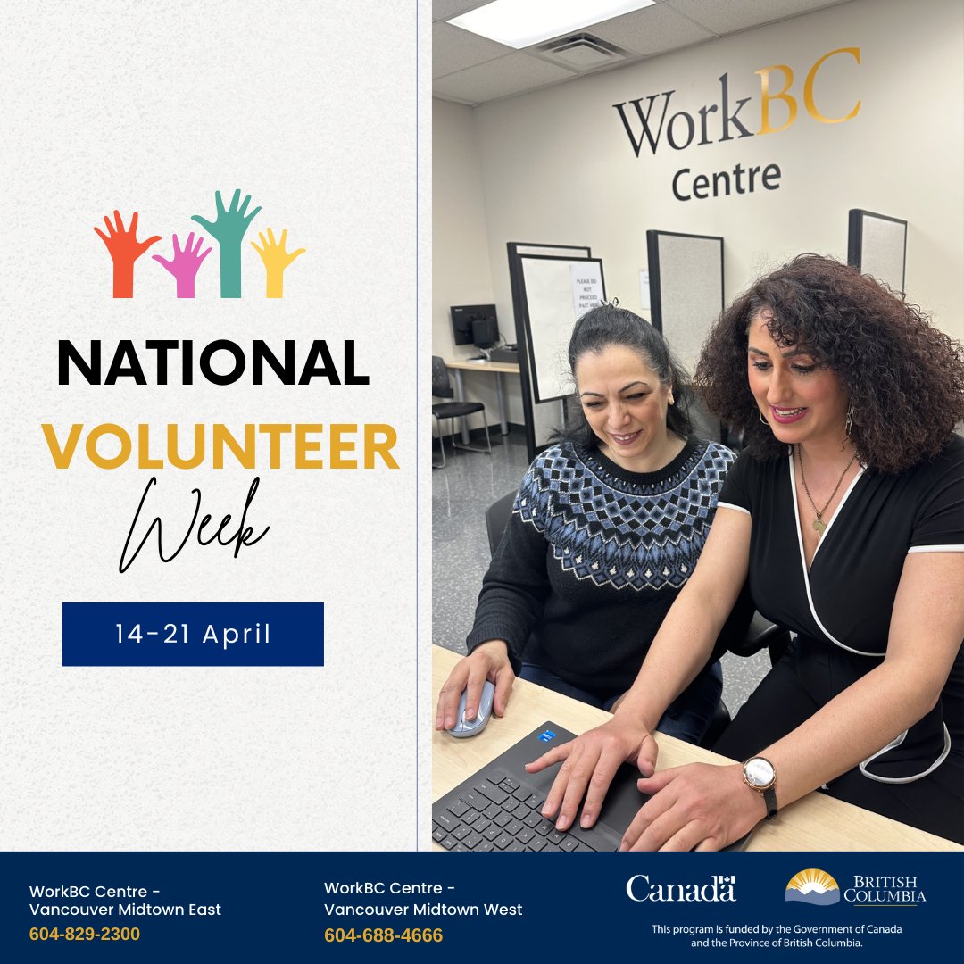 This week marks #NationalVolunteerWeek, and at WorkBC, we deeply appreciate the invaluable contributions and support provided by our #volunteers to our clients. If you're considering volunteering with us, please feel free to email your resume at midtownreception@vmesc.ca