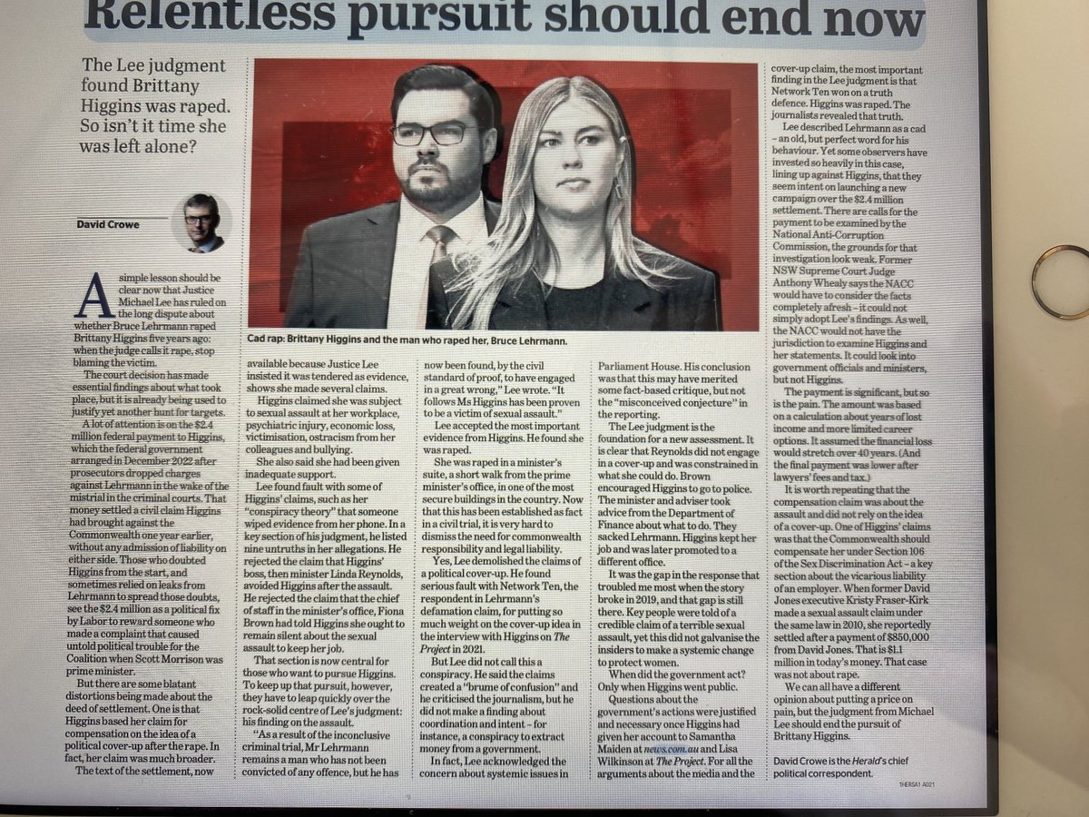 Yes ⁦@CroweDM⁩ it’s time to leave Brittany Higgins alone. Here Crowe analyses the justification for the Commonwealth’s $2.4m workplace payout to Higgins. And please don’t forget the payouts to High Court Dyson Heydon’s six associates over workplace sexual harassment.