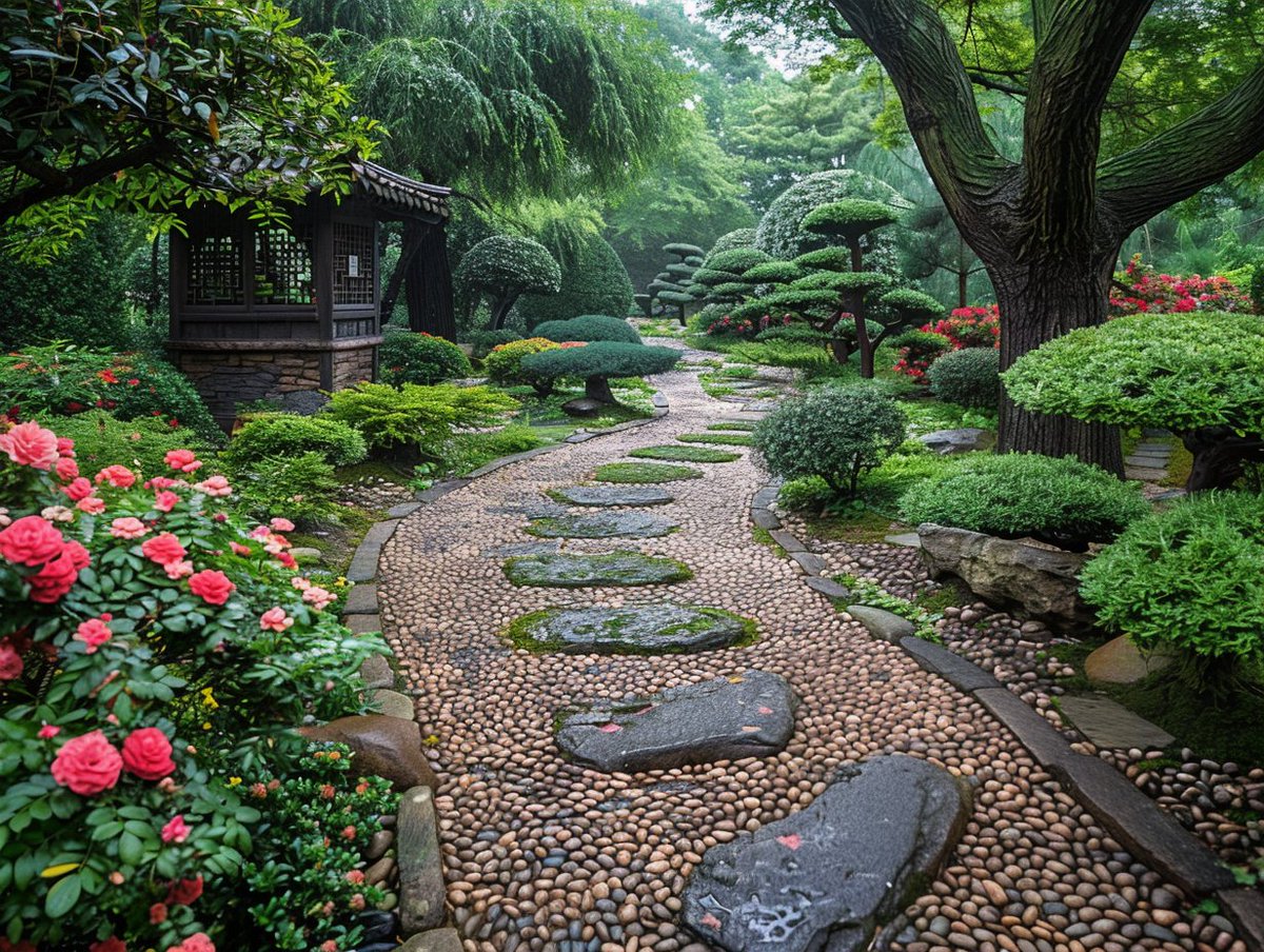 A peaceful garden path with topiary