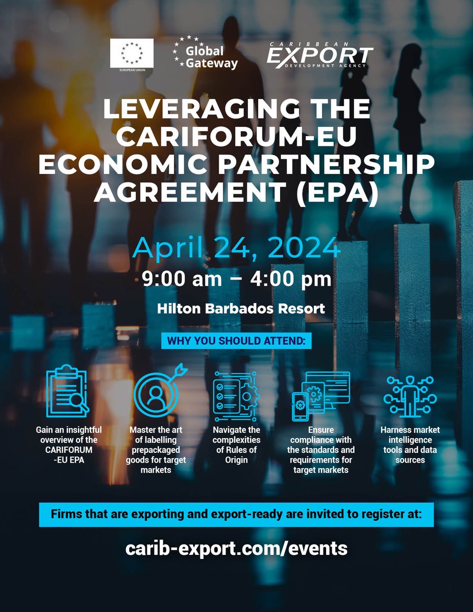 🌟 Are you an exporter or considering entering the export market? Don't miss our workshop on April 24th at the Hilton Barbados Resort, where we'll dive into how to make the most of the CARIFORUM-EU Economic Partnership Agreement. 

📃Register today ! bit.ly/3xE16ex