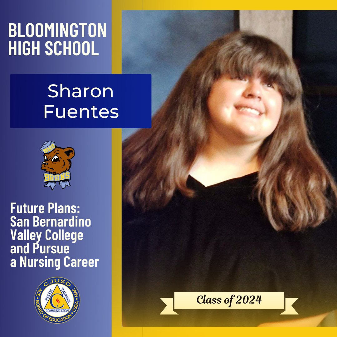 ColtonJUSD's tweet photo. Congrats to #Bloomington HS 🎓senior Sharon Fuentes, who plans to attend San Bernardino Valley College and pursue a nursing career! #CJUSDCares #BHS #BHSForSuccess 🐻🎉
Seniors, to be featured in our #CJUSD Class of 2024 Spotlight, fill out the form at https://t.co/JI2QGhWalC https://t.co/VVzn08CWTf