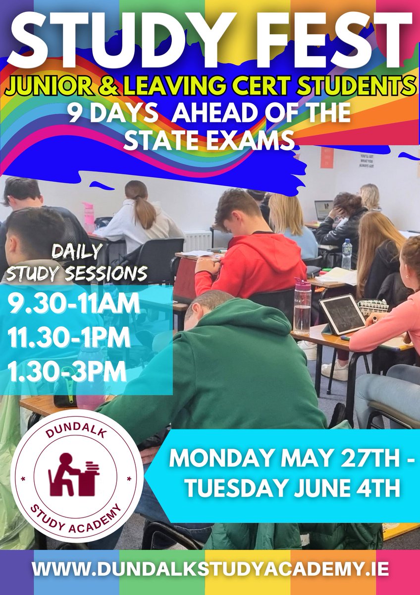 Study Fest 2024 - 9 days ahead of State Exams
May 27th -June 4th incl. Sunday & bank hol Monday
9.30am-3pm daily
#LeavingCert #JuniorCycle #louthchat
Book via this link:
dundalkstudyacademy.ie/study-fest